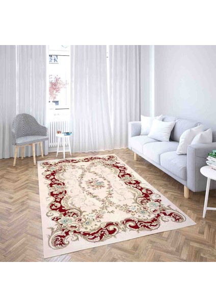 Çiçek Desenli Dijital Baskı Yıkanabilir Kaymaz Taban Leke Tutmaz Salon Halısı ve Yolluk (Kırmızı)