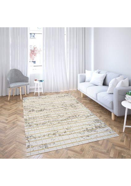 Geometrik Çizgi Desenli Dijital Baskı Yıkanabilir Kaymaz Taban Etnik Kilim Desen Salon Halı (Sarı)