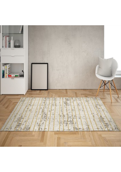 Geometrik Çizgi Desenli Dijital Baskı Yıkanabilir Kaymaz Taban Etnik Kilim Desen Salon Halı (Sarı)