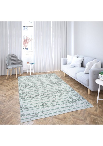 Geometrik Çizgi Desenli Dijital Baskı Yıkanabilir Kaymaz Taban Etnik Kilim Desen Salon Halı (Yeşil)