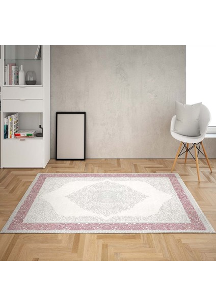 Osmanlı Desen Kabartma Dijital Baskı Yıkanabilir Klasik Salon Halı ve Yolluk (Pembe)