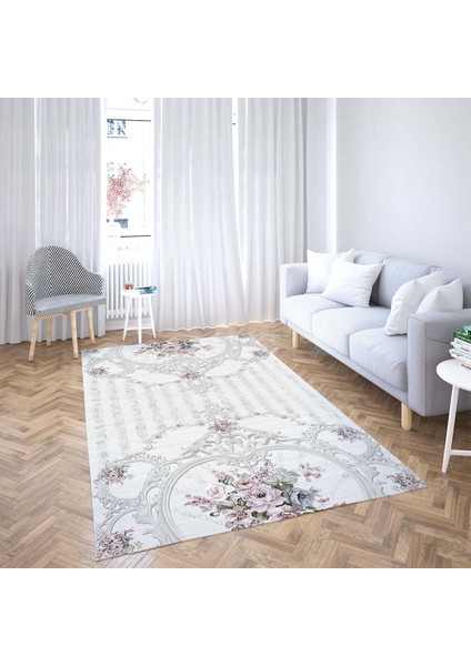 Gül Desenli Dijital Baskı Yıkanabilir Kaymaz Taban Vintage Salon Halısı