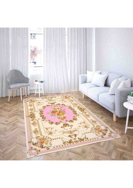 Çiçek Desen Çerçeveli Dijital Baskı Yıkanabilir Kaymaz Taban Klasik Salon Halısı ve Yolluk (Pembe) fiyatları