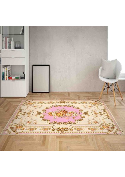 Çiçek Desen Çerçeveli Dijital Baskı Yıkanabilir Kaymaz Taban Klasik Salon Halısı ve Yolluk (Pembe)