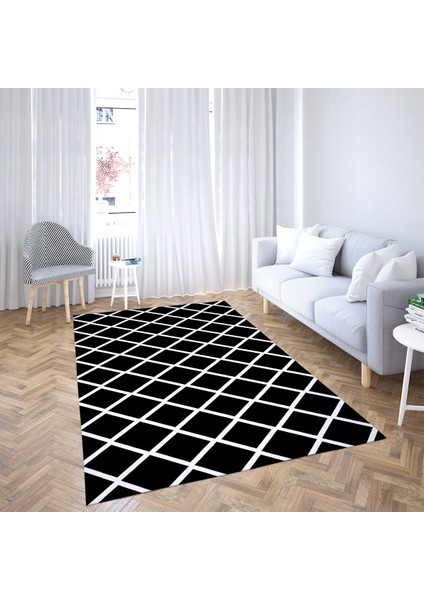 Geometrik Karo Desenli Dijital Baskı Yıkanabilir Kaymaz Taban Modern Salon Halısı (Siyah) fiyatları