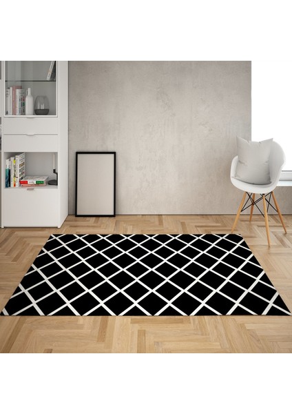 Geometrik Karo Desenli Dijital Baskı Yıkanabilir Kaymaz Taban Modern Salon Halısı (Siyah)