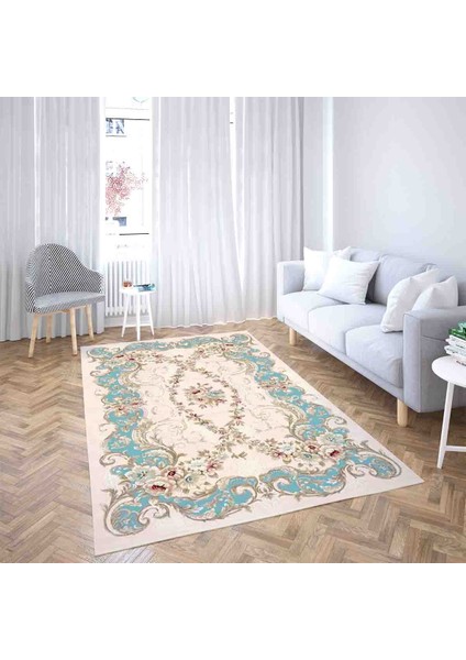 Çiçek Desenli Dijital Baskı Yıkanabilir Kaymaz Taban Leke Tutmaz Salon Halısı ve Yolluk (Mavi)