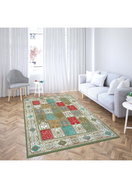 Etnik Desenli Dijital Baskı Yıkanabilir Kaymaz Taban Leke Tutmaz Salon Halısı ve Yolluk (Yeşil)