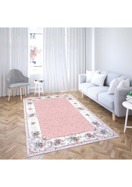 Çiçek Desenli Dijital Baskı Yıkanabilir Kaymaz Taban Vintage Salon Halı ve Yolluk(Pudra) fiyatları
