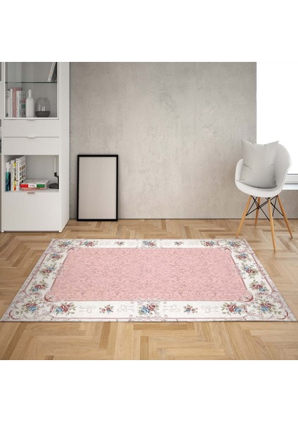 Çiçek Desenli Dijital Baskı Yıkanabilir Kaymaz Taban Vintage Salon Halı ve Yolluk(Pudra)