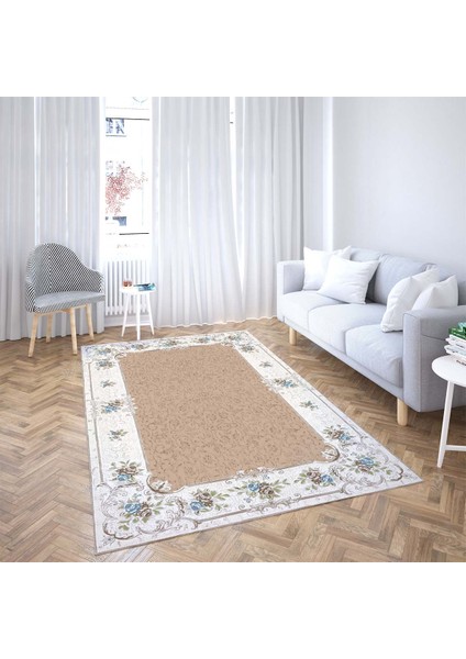 Çiçek Desenli Dijital Baskı Yıkanabilir Kaymaz Taban Vintage Salon Halı ve Yolluk(Vizon)
