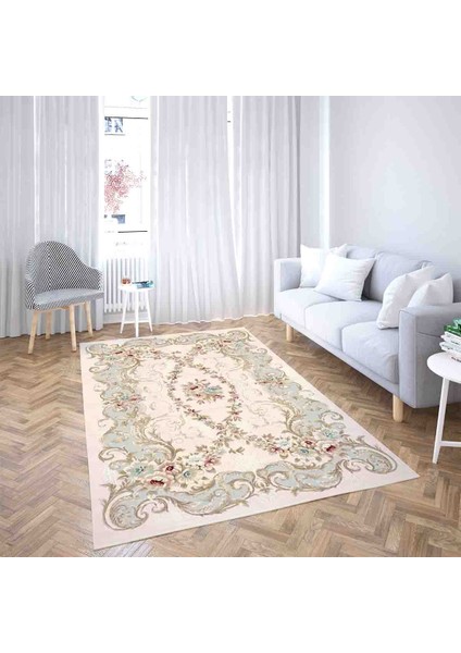 Çiçek Desenli Dijital Baskı Yıkanabilir Kaymaz Taban Leke Tutmaz Salon Halısı ve Yolluk (Yeşil)