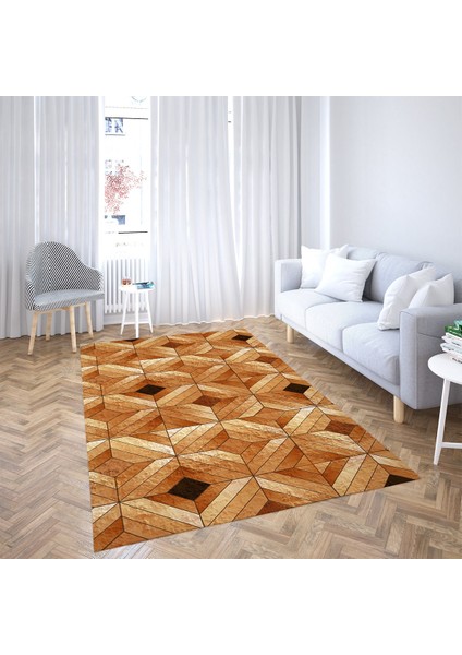 Geometrik Desenli Karo Motif Dijital Baskı Yıkanabilir Kaymaz Taban Modern Salon Halısı (Turuncu)