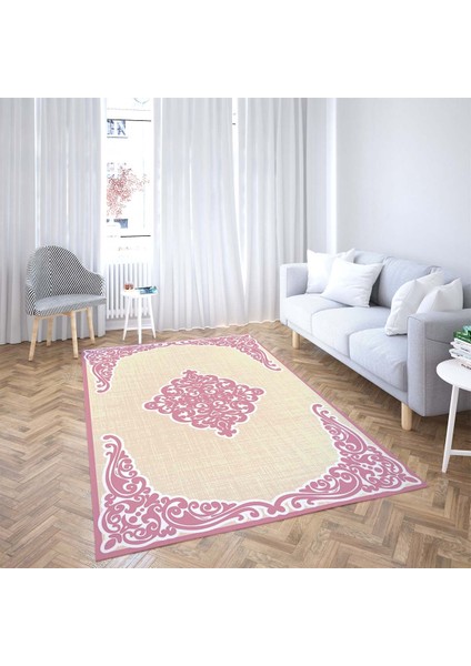 Osmanlı Motif Desenli Dijital Baskı Yıkanabilir Kaymaz Taban Klasik Salon Halı ve Yolluk (Pembe)