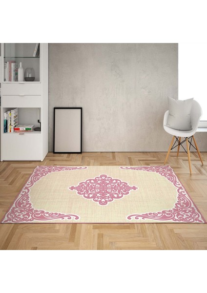 Osmanlı Motif Desenli Dijital Baskı Yıkanabilir Kaymaz Taban Klasik Salon Halı ve Yolluk (Pembe)