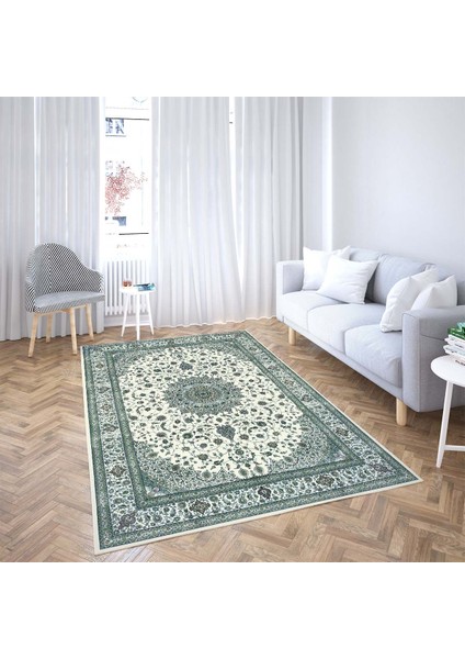 Osmanlı Motifler Desenli Dijital Baskı Yıkanabilir Kaymaz Taban Klasik Salon Halı ve Yolluk (Yeşil)