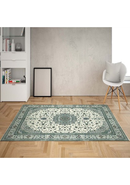 Osmanlı Motifler Desenli Dijital Baskı Yıkanabilir Kaymaz Taban Klasik Salon Halı ve Yolluk (Yeşil)
