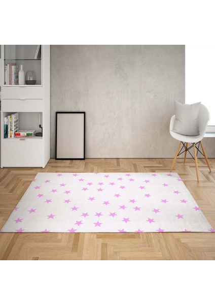 Yıldız Desenli Renk Geçişli Dijital Baskı Yıkanabilir Kaymaz Taban Salon Halısı ve Yolluk(Byzpembe)