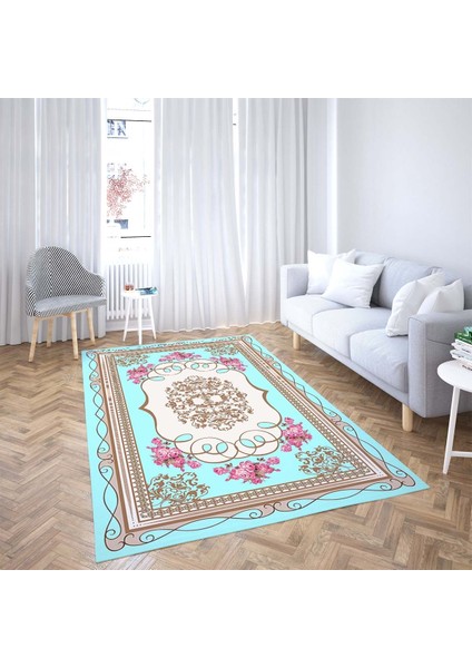 Çiçek Desenli Dijital Baskı Yıkanabilir Kaymaz Taban Vintage Salon Halı ve Yolluk