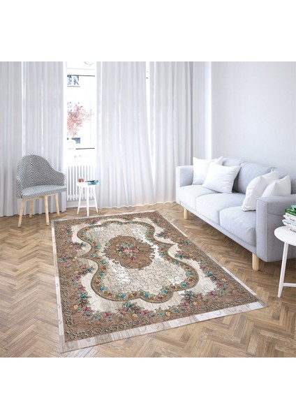 Çiçek Desenli Dijital Baskı Yıkanabilir Kaymaz Taban Leke Tutmaz Vintage Salon Halısı (Bej) fiyatları