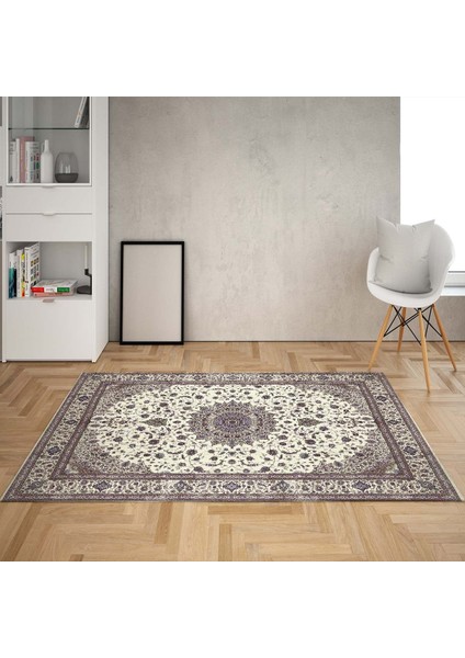 Osmanlı Motifler Desenli Dijital Baskı Yıkanabilir Kaymaz Taban Klasik Salon Halı ve Yolluk (Gri)
