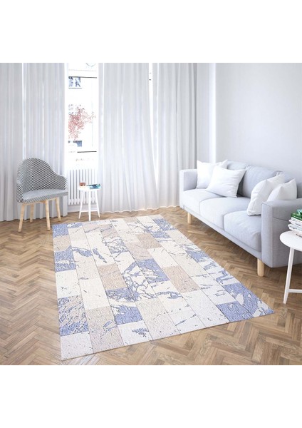 Kare Blok Desenli Dijital Baskı Yıkanabilir Kaymaz Taban Modern Salon Halısı ve Yolluk (Mavi)