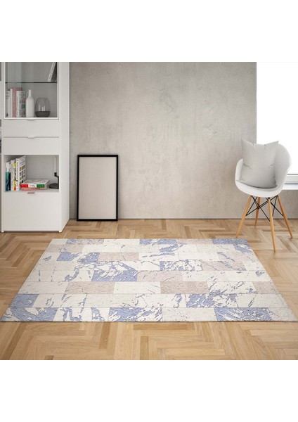 Kare Blok Desenli Dijital Baskı Yıkanabilir Kaymaz Taban Modern Salon Halısı ve Yolluk (Mavi)
