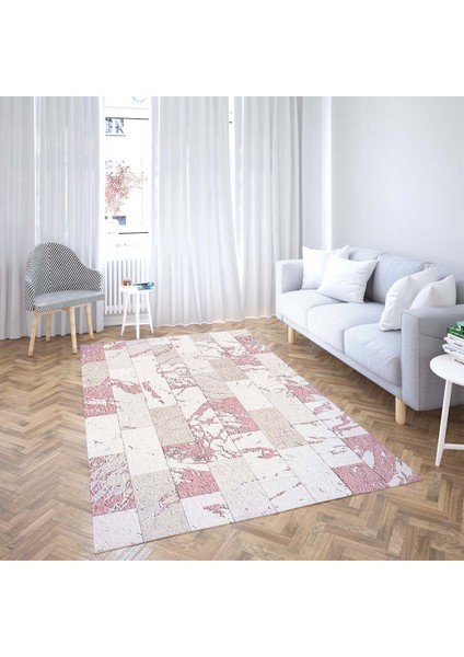 Kare Blok Desenli Dijital Baskı Yıkanabilir Kaymaz Taban Modern Salon Halısı ve Yolluk (Pudra)