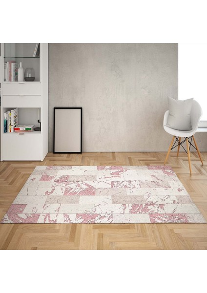 Kare Blok Desenli Dijital Baskı Yıkanabilir Kaymaz Taban Modern Salon Halısı ve Yolluk (Pudra)