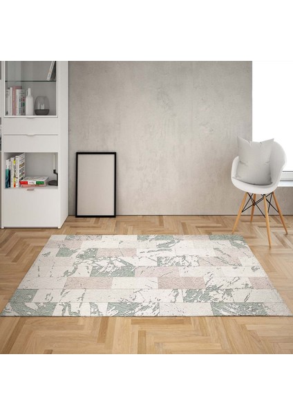 Kare Blok Desenli Dijital Baskı Yıkanabilir Kaymaz Taban Modern Salon Halısı ve Yolluk (Yeşil)