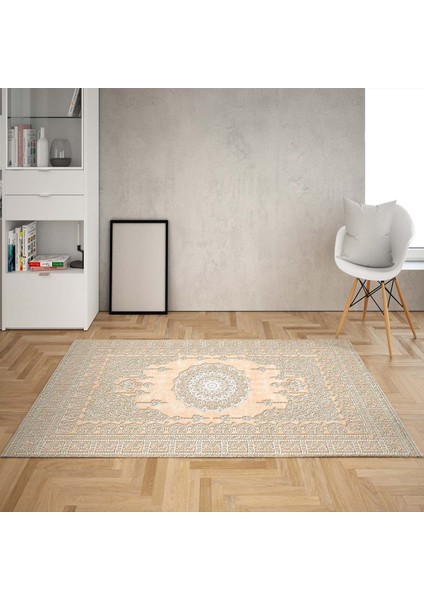 Kabartma Desenli Göbekli Dijital Baskı Yıkanabilir Kaymaz Taban Vintage Salon Halısı ve Yolluk Somon
