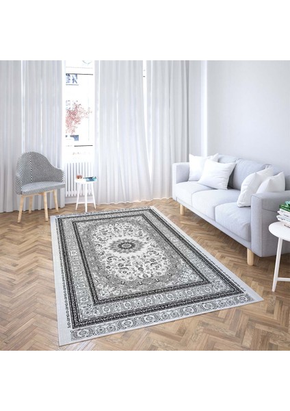 Osmanlı Motifler Desenli Etnik Dijital Baskı Yıkanabilir Kaymaz Taban Salon Halı ve Yolluk (Gri)