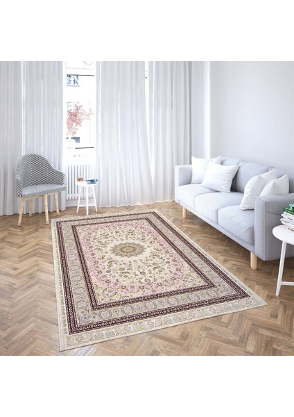 Osmanlı Motifler Desenli Etnik Dijital Baskı Yıkanabilir Kaymaz Taban Salon Halı ve Yolluk (Pudra)