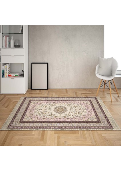 Osmanlı Motifler Desenli Etnik Dijital Baskı Yıkanabilir Kaymaz Taban Salon Halı ve Yolluk (Pudra)