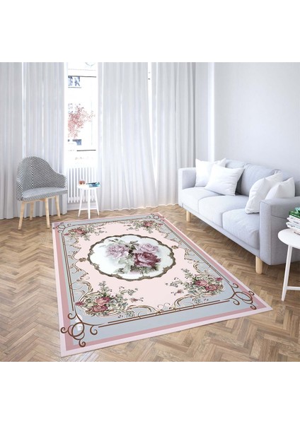 Çiçek Desenli Vintage Dijital Baskı Yıkanabilir Kaymaz Taban Salon Halı ve Yolluk