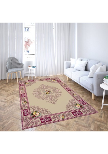 Çiçek Desenli Dijital Baskı Yıkanabilir Kaymaz Taban Leke Tutmaz Vintage Salon Halısı (B.bordo) fiyatları