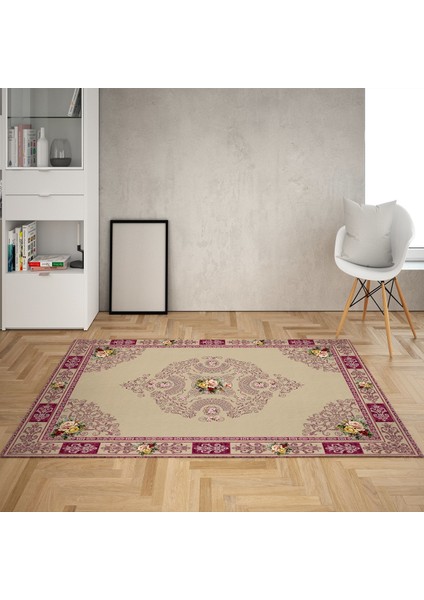 Çiçek Desenli Dijital Baskı Yıkanabilir Kaymaz Taban Leke Tutmaz Vintage Salon Halısı (B.bordo)