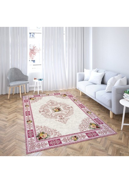 Çiçek Desenli Dijital Baskı Yıkanabilir Kaymaz Taban Leke Tutmaz Vintage Salon Halısı (Pembe)