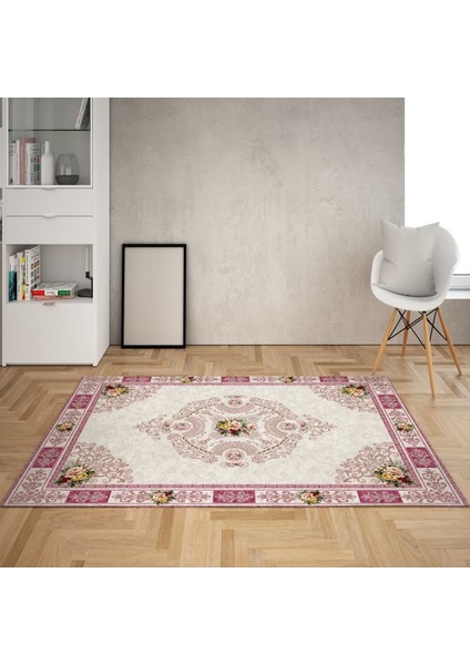 Çiçek Desenli Dijital Baskı Yıkanabilir Kaymaz Taban Leke Tutmaz Vintage Salon Halısı (Pembe)