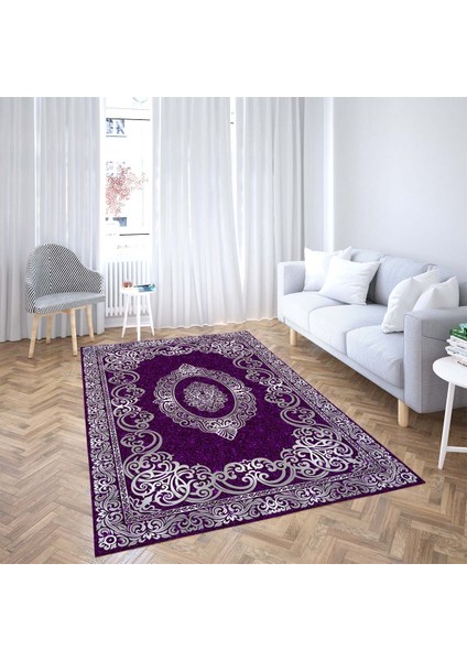 Osmanlı Motifler Desenli Dijital Baskı Yıkanabilir Kaymaz Taban Klasik Salon Halı ve Yolluk (Mor) fiyatları