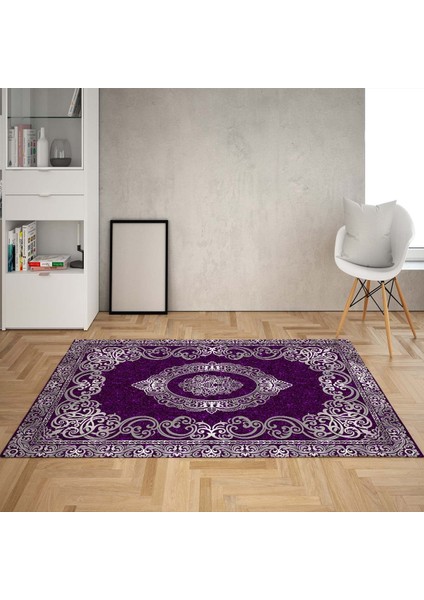 Osmanlı Motifler Desenli Dijital Baskı Yıkanabilir Kaymaz Taban Klasik Salon Halı ve Yolluk (Mor)