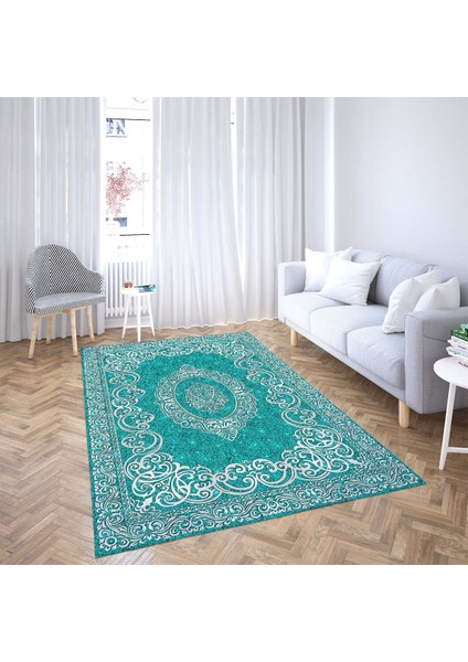 Osmanlı Motifler Desenli Dijital Baskı Yıkanabilir Kaymaz Taban Klasik Salon Halı ve Yolluk(Turkuaz) fiyatları