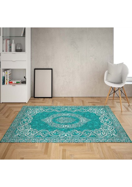 Osmanlı Motifler Desenli Dijital Baskı Yıkanabilir Kaymaz Taban Klasik Salon Halı ve Yolluk(Turkuaz)