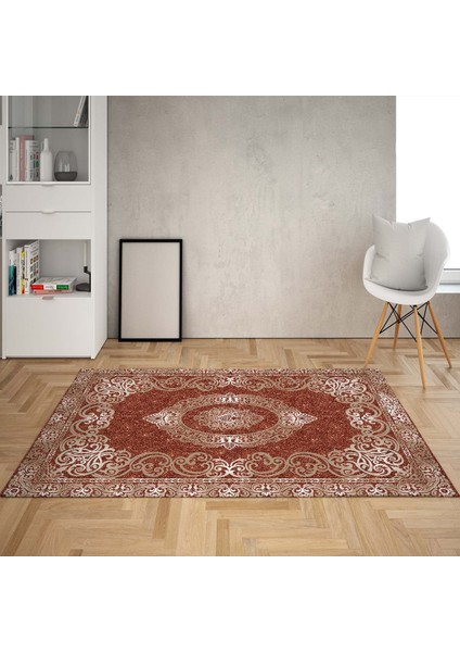 Osmanlı Motifler Desenli Dijital Baskı Yıkanabilir Kaymaz Taban Klasik Salon Halı ve Yolluk(Turuncu)