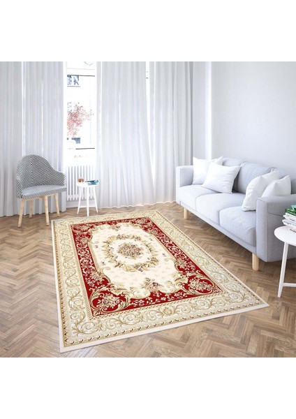 Osmanlı Desen Çerçeveli Dijital Baskı Yıkanabilir Kaymaz Taban Klasik Salon Halısı ve Yolluk (Bordo)