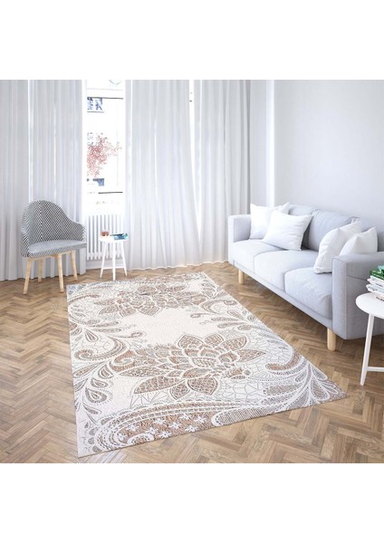 Kabartma Desenli Göbekli Dijital Baskı Yıkanabilir Kaymaz Taban Klasik Salon Halısı ve Yolluk(Kahve)