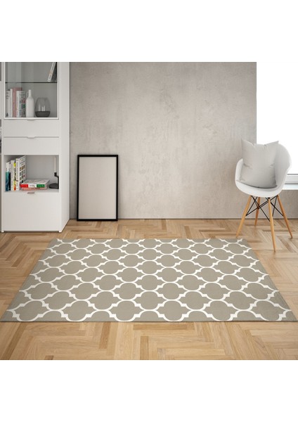 Geometrik Desenli Karo Motif Dijital Baskı Yıkanabilir Kaymaz Taban Modern Salon Halısı (Vizon2)