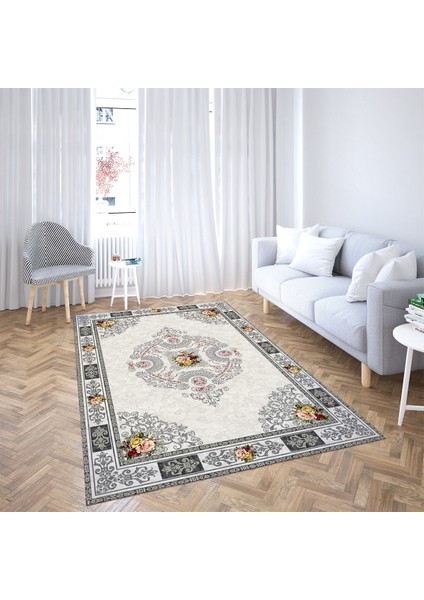 Çiçek Desenli Dijital Baskı Yıkanabilir Kaymaz Taban Leke Tutmaz Vintage Salon Halısı (Gri) fiyatları
