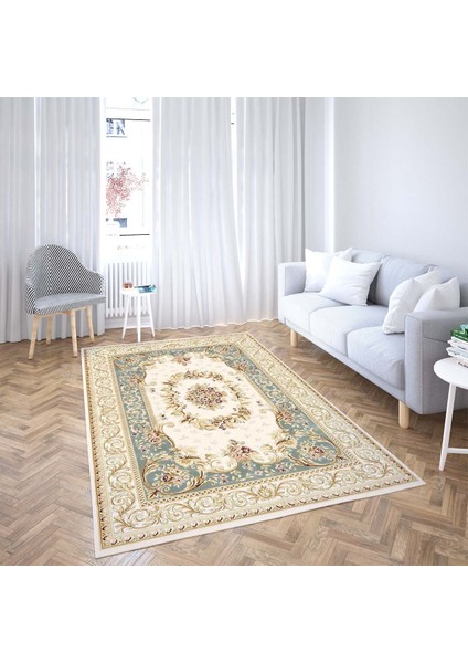 Osmanlı Desen Çerçeveli Dijital Baskı Yıkanabilir Kaymaz Taban Klasik Salon Halısı ve Yolluk (Mavi)