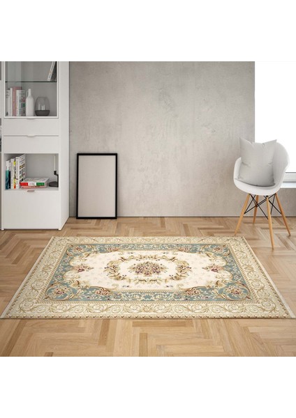 Osmanlı Desen Çerçeveli Dijital Baskı Yıkanabilir Kaymaz Taban Klasik Salon Halısı ve Yolluk (Mavi)